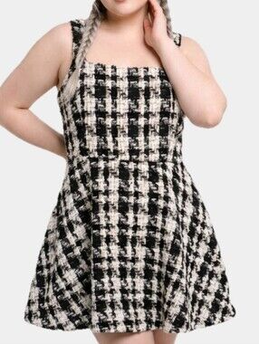 Eloquii Flared Black And White Tweed Mini Jumper With Gold Thread Size 16